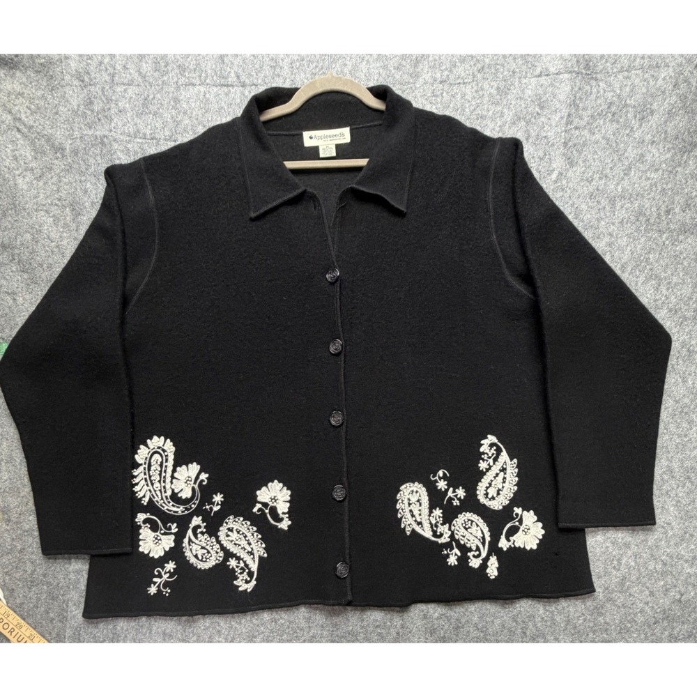Vintage Appleseeds Womens 3X Black 100% Wool Paisley Embroidery Cardigan Sweater